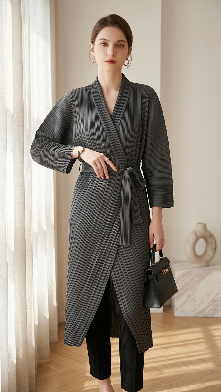 Manteau Kyōto plissé ceinturé
